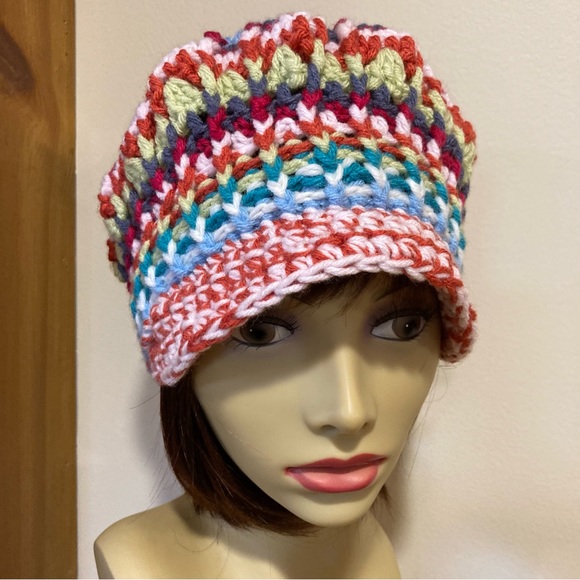 Hand knit, multicolor, BoHo style newsboy, cap/ hippie gypsy style - Picture 5 of 8